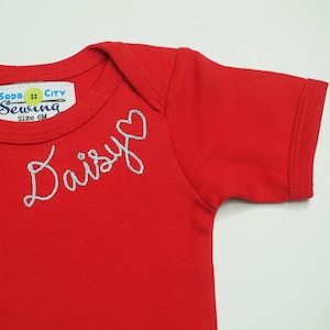 Personalized Name Bodysuit or Tee - Short Sleeved Red Shirt with Cursive name around Collar for Boys or Girls