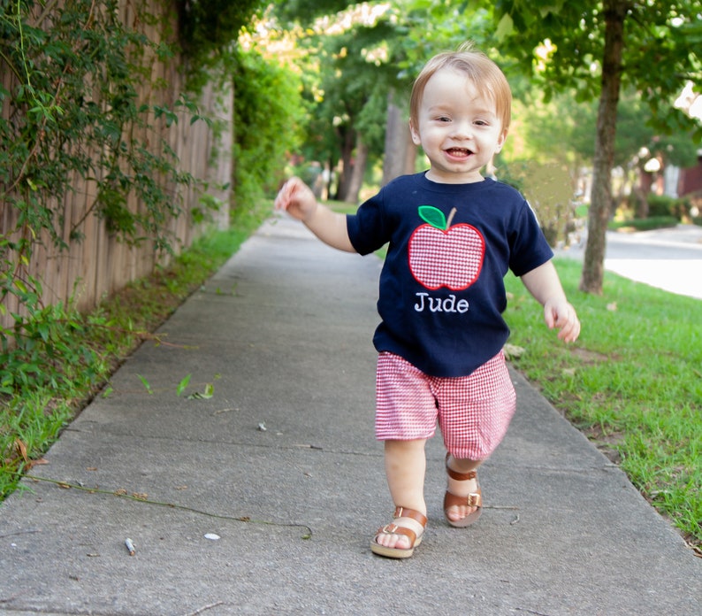 Boys Back to School Outfit Personalized Apple Applique Shirt with Red Gingham Shorts, Perfect for First Day of Preschool and Kindergarten image 3