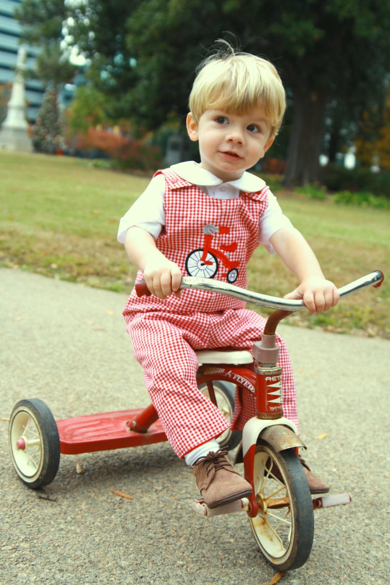 Boys Gingham Overalls Toddler Boy Tricycle Outfit Boys Trike Applique Romper Traditional Boys Clothes Classic Baby Boys Longalls image 2
