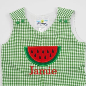 Baby Boy Summer Romper Boys Watermelon Birthday Outfit Green Gingham Shortall Baby Boy Applique Outfit Toddler Boy Family Photos image 4