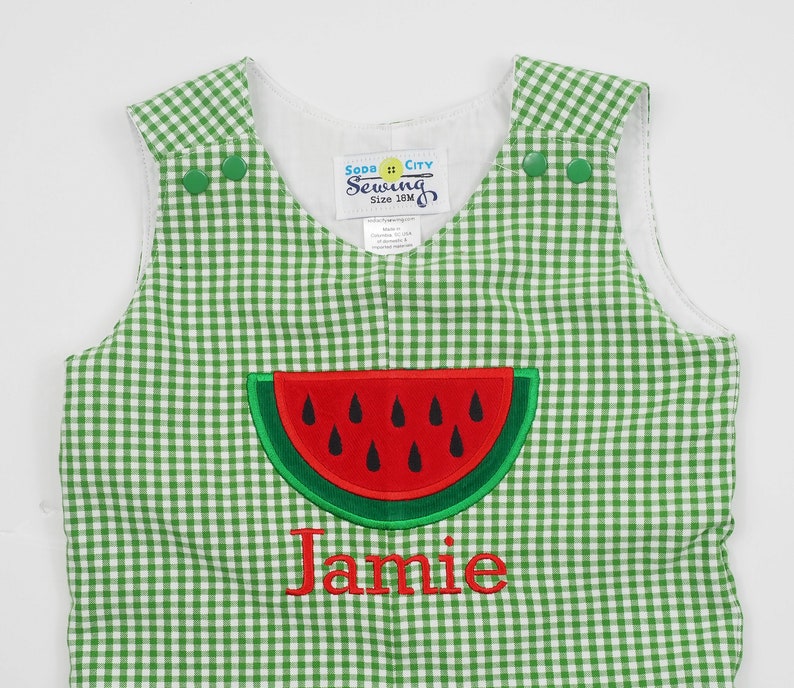 Baby Boy Summer Romper Boys Watermelon Birthday Outfit Green Gingham Shortall Baby Boy Applique Outfit Toddler Boy Family Photos image 4