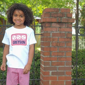 Baseball Shirt for Toddler Boys - Personalized Applique Sports Tee - Little Kid Base Ball T-Shirt - T-Ball TBall Outfit - Red Gingham Shorts image 1