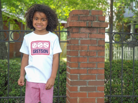 Baseball Shirt for Toddler Boys - Personalized Applique Sports Tee - Little Kid Base Ball T-Shirt - T-Ball TBall Outfit - Red Gingham Shorts