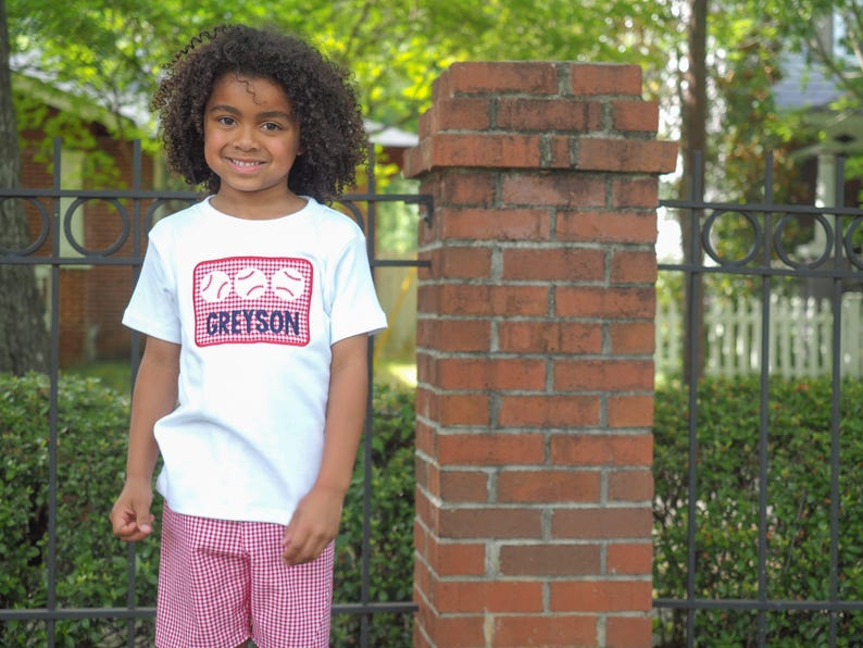 Baseball Shirt for Toddler Boys - Personalized Applique Sports Tee - Little Kid Base Ball T-Shirt - T-Ball TBall Outfit - Red Gingham Shorts image 1