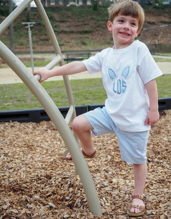 Easter Shirt for Toddlers - Little Boys Monogrammed Bunny Ears Shirt with Light Blue Gingham Shorts Outfit, Easter Photos Outfit