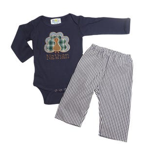 Baby Boy Thanksgiving Outfit - Navy Gingham Pants - Fall Turkey Bodysuit - Thanksgiving T-Shirt - Personalized Appliqued Tee and Pants Set