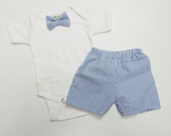 Take Home Outfit - Navy Seersucker Baby Bow Tie Outfit - Bowtie Shorts Set - Baby Boys Seersucker Come Home Clothes - Little Boy Clothing