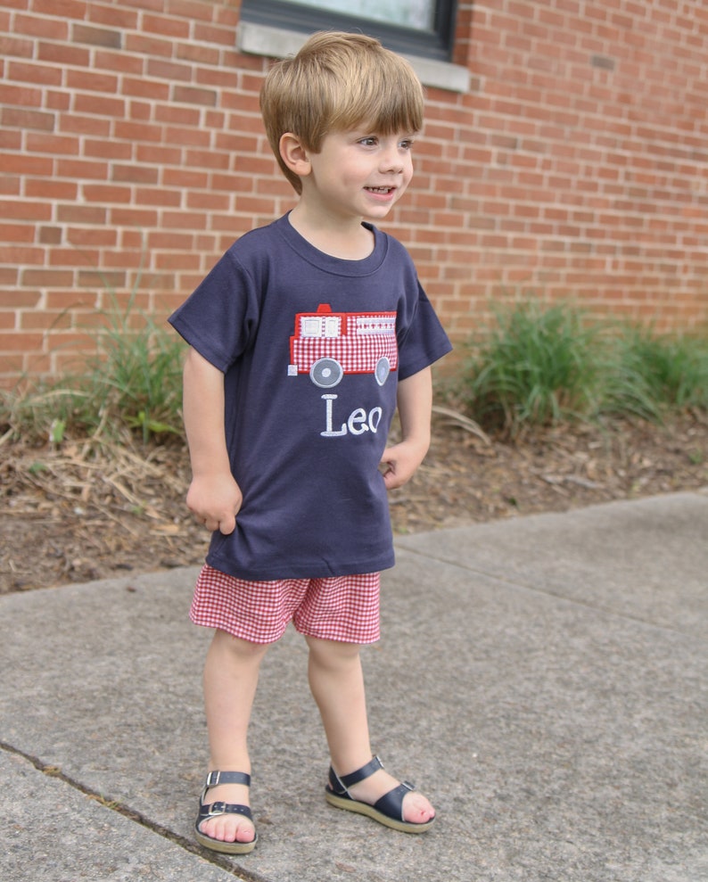 Personalized Shirt for Boys Fire Truck Shirt & Red Gingham Shorts Set Fire Truck Applique Tee Toddler Boy Clothes Little Boy Outfits image 5