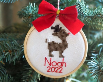 Vintage Style Christmas Ornament - Red Nosed Reindeer Cross Stitch Embroidery - Personalized Deer Christmas Gift for Kids - Stocking Stuffer