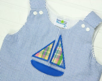 Baby Boy Sailboat Romper - Boat Seersucker Jon Jon - Boys Shortall - Baby Boy Clothes - Summer Baby Clothes - Toddler Boy Overall - Sailboat