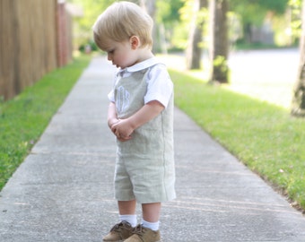 Baptism Outfit for Baby Boy - Monogrammed Linen Jon Jon - Classic Vintage Style Shortall - Dedication outfit  Baby Boy Clothes - Coming Home