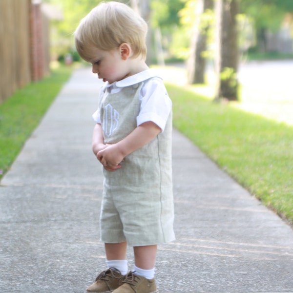 Baptism Outfit for Baby Boy - Monogrammed Linen Jon Jon - Classic Vintage Style Shortall - Dedication outfit  Baby Boy Clothes - Coming Home
