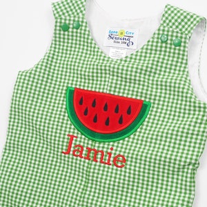 Baby Boy Summer Romper Boys Watermelon Birthday Outfit Green Gingham Shortall Baby Boy Applique Outfit Toddler Boy Family Photos image 5
