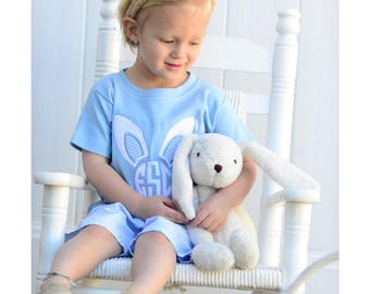 Boys Easter Shirt - Personalized Easter Bunny Ears Shirt and Matching Light Blue Gingham Shorts Outfit