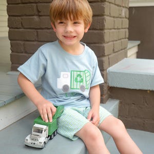 Little Boys Shorts Outfit - Recycling Truck Applique Shirt with Gingham Shorts Set - Personalized Toddler Recycle Tee with Matching Shorts