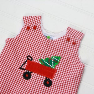 Boys Christmas Romper Christmas Tree Wagon Longall Toddler Boy Christmas Clothes Red Gingham Overalls Baby Jumper Soda Ciy Sewing image 3