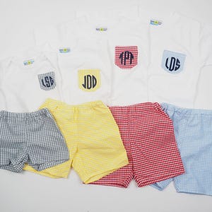 Personalized Initial Pocket Tee Shirt - Monogrammed Preppy Toddler Boy Clothes - Red Gingham Shorts Top Outfit Set - Baby Boy Shower Gift