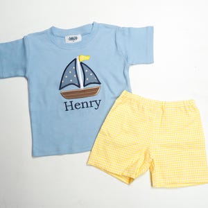 Boys Summer Sailboat Outfit - Light Blue Shirt with Yellow Gingham Shorts - Personalized with Name