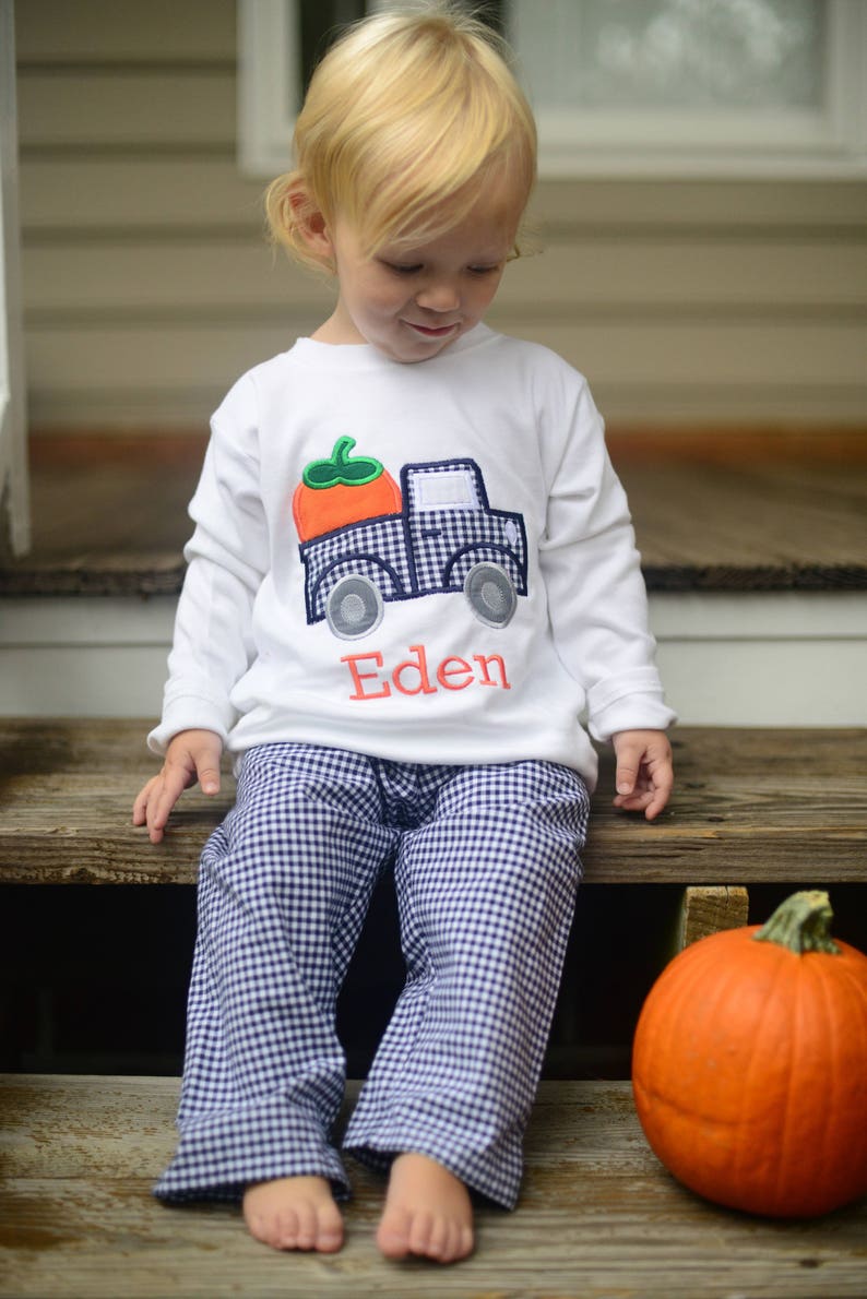 Toddler Boy Pumpkin Shirt Pumpkin Truck T-Shirt Boy Fall Clothes Pumpkin Patch Outfit Navy Gingham Pants Kids Fall Outfit image 1