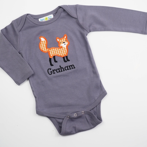 Sale Applique Bodysuit - Orange Gingham Fox Embroidered on Grey Bodysuit or Shirt - Boys Personalized Fox Tee - Clearance, Woodland Animal