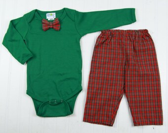 Baby Boy Christmas Outfit - Bow Tie Outfit for Christmas- Interchangeable Bowtie- Red Tartan Plaid, Matching Pants Outfit- Baby Bowtie Set