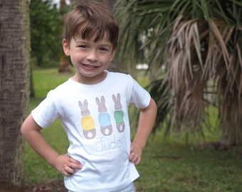 Embroidered Bunnies Easter Tee Shirt with Matching LIght Blue Gingham Shorts, Personalized with Name