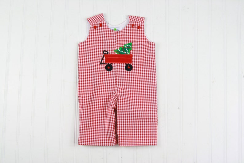 Boys Christmas Romper Christmas Tree Wagon Longall Toddler Boy Christmas Clothes Red Gingham Overalls Baby Jumper Soda Ciy Sewing image 2