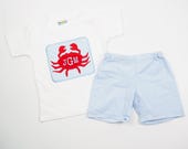 Little Boys Summer Shorts Outfit - Light Blue Gingham with Red Monogram Appliqued Crab Shirt or Bodysuit Set for Baby or Toddler Boys Beach