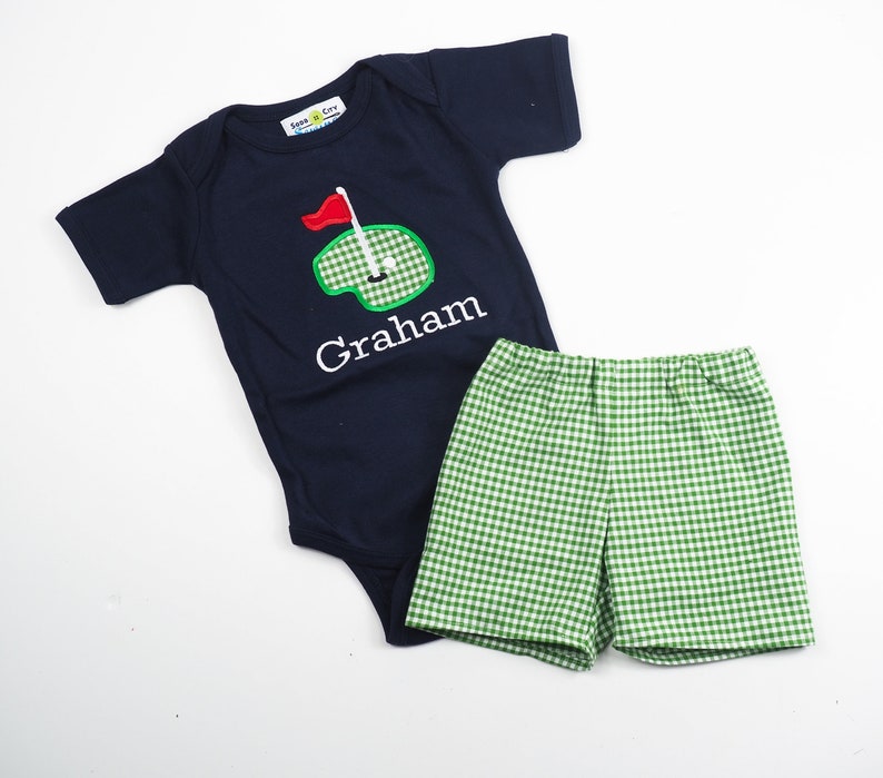 Toddler Boys Clothes Toddler Golf Outfit Boys Golf Outfit Kids Appliqued T-Shirt Green Gingham Shorts Boy Toddler Summer Clothes image 5