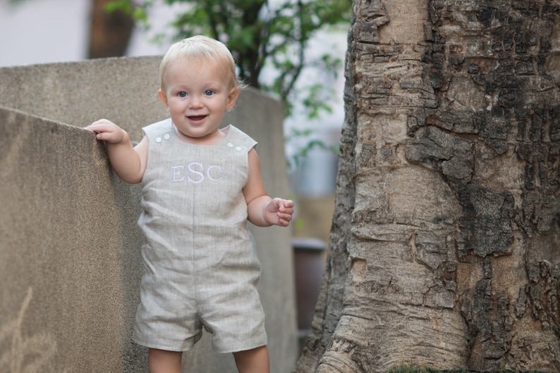 Christening Suit for Boys - Linen Romper for Baby Boy - Christening Outfit for Boy - White Linen Dedication Romper - Monogrammed Christening image 2