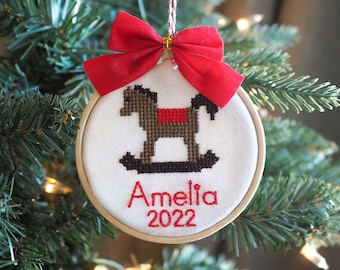 Cross Stitch Ornament Rocking Horse - Machine Embroidered Personalized Kids Ornament - Stocking Stuffer for Kids - Baby Ornament Monogrammed