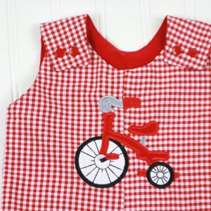 Boys Gingham Overalls Toddler Boy Tricycle Outfit Boys Trike Applique Romper Traditional Boys Clothes Classic Baby Boys Longalls image 3