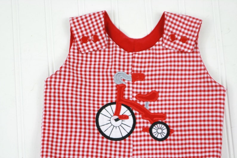 Boys Gingham Overalls Toddler Boy Tricycle Outfit Boys Trike Applique Romper Traditional Boys Clothes Classic Baby Boys Longalls image 3