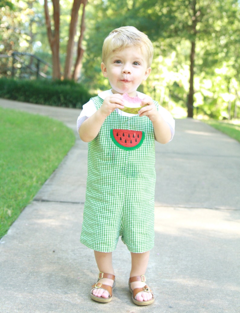 Baby Boy Summer Romper Boys Watermelon Birthday Outfit Green Gingham Shortall Baby Boy Applique Outfit Toddler Boy Family Photos image 1