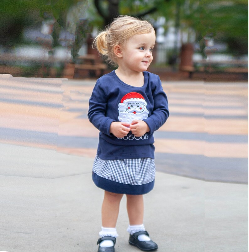 Girls Christmas Outfit Santa Applique Shirt & Navy Gingham Skirt Toddler Girl Holiday Clothes Baby Girl Personalized Christmas Tee image 2