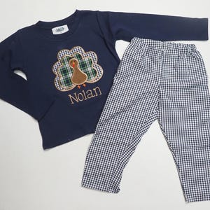 Thanksgiving Outfit for Boys - Navy Gingham Pants - Fall Boys Outfit - Boys Turkey Shirt - Thanksgiving T-Shirt - Baby Boy Turkey Bodysuit