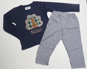 Thanksgiving Outfit for Boys - Navy Gingham Pants - Fall Boys Outfit - Boys Turkey Shirt - Thanksgiving T-Shirt - Baby Boy Turkey Bodysuit
