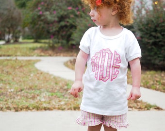 Personalized Appliqued Shirt for Girls with Pink Gingham Ruffled Shorts - Monogram Outfit for Baby or Toddler Girls - Summer Separates Set