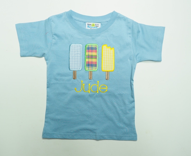 Summer Boys Applique Outfit Popsicle Shirt with Light Blue Gingham Shorts for Little Boys Personalized Baby Boy Clothes Ice Cream Party image 6