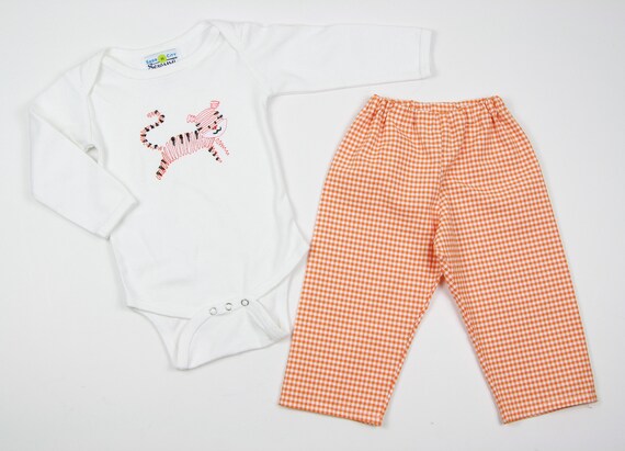Tigers Outfit Orange Tiger Shirt Clemson Tigers Outfit Auburn Tigers Set Baby Boy Clothes Orange Gingham Pants Swirly Embroidery