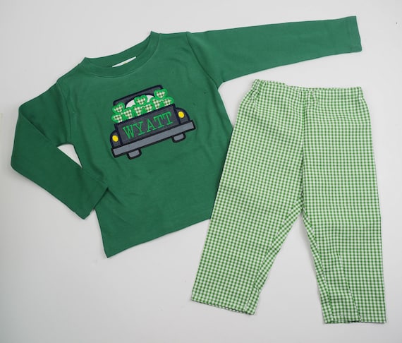 Toddler St Patricks Shirt - Monogrammed St Pats Shirt - Kids Green Shamrock Truck Outfit for Boys - Toddler T-Shirt Set for St Patrick's Day