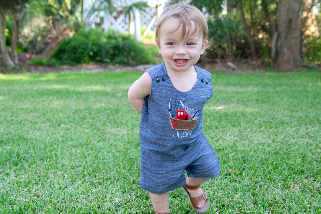 Boys Chambray Summer Romper Shrimp Boat Applique Outfit Toddler Boy Jon
