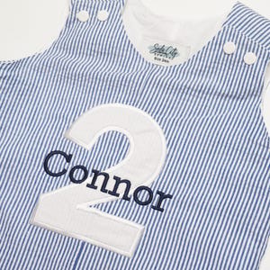 Boys Birthday Romper - Blue Seersucker Shortall with Appliqued Birthday Number and Name!