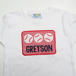 Baseball Shirt for Toddler Boys - Personalized Applique Sports Tee - Little Kid Base Ball T-Shirt - T-Ball TBall Outfit - Red Gingham Shorts image 3
