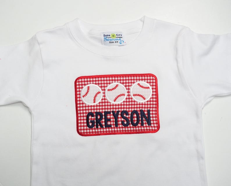 Baseball Shirt for Toddler Boys - Personalized Applique Sports Tee - Little Kid Base Ball T-Shirt - T-Ball TBall Outfit - Red Gingham Shorts image 3