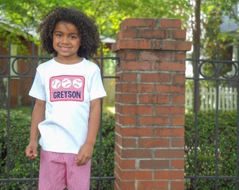 Baseball Shirt for Toddler Boys - Personalized Applique Sports Tee - Little Kid Base Ball T-Shirt - T-Ball TBall Outfit - Red Gingham Shorts