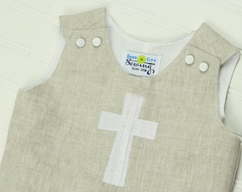 Boys Baptism Outfit - Baby Dedication Outfit - Linen Romper with Cross - Christening Outfit for Boys - Boys Linen Shortall - Baptism Clothes