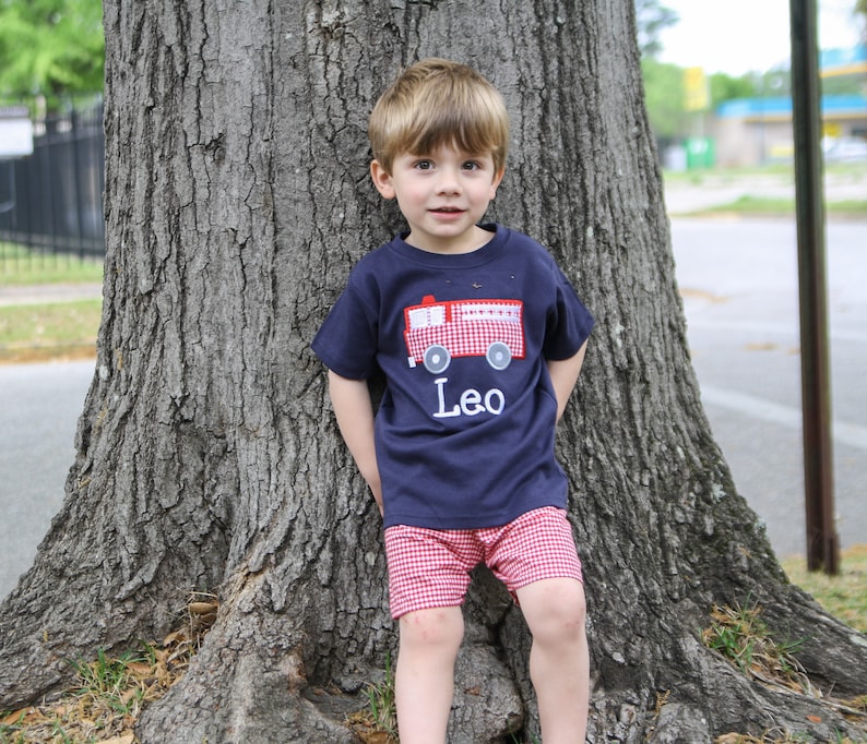 Personalized Shirt for Boys Fire Truck Shirt & Red Gingham Shorts Set Fire Truck Applique Tee Toddler Boy Clothes Little Boy Outfits image 1