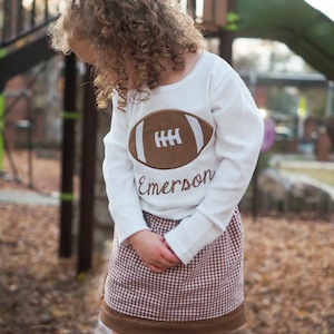 Girls Football Personalized, Appliqued Tee with Matching Brown Gingham skirt- Perfect Outfit for Game Day!
