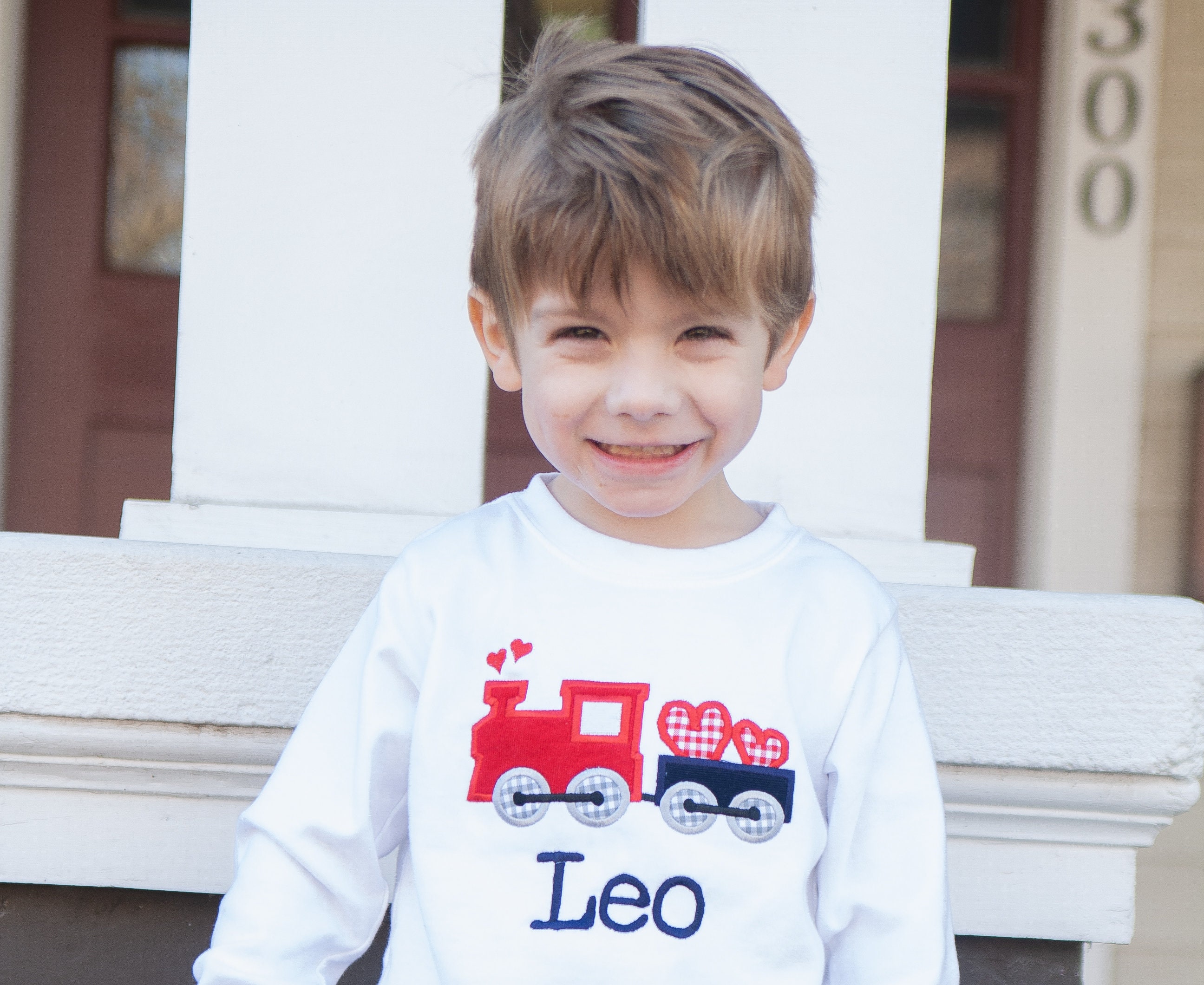 Valentine&#39;s Day Train Shirt - Toddler Boy Valentines Outfit - Personalized Train Hearts Applique Tee - Navy Corduroy Pants - Monogrammed